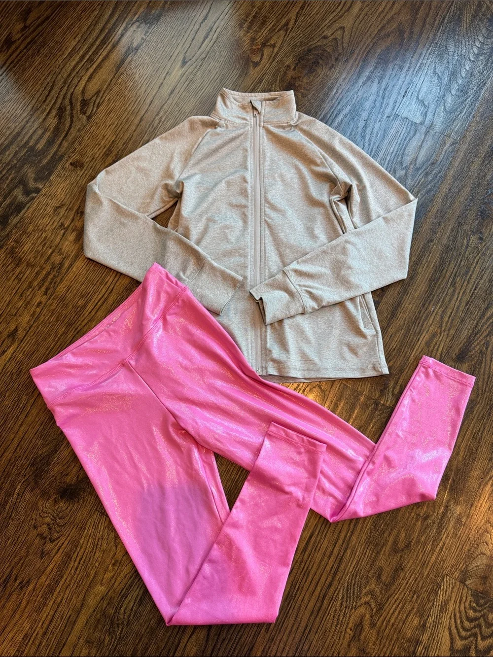 Girls athletic shiny pink leggings and grey zip up